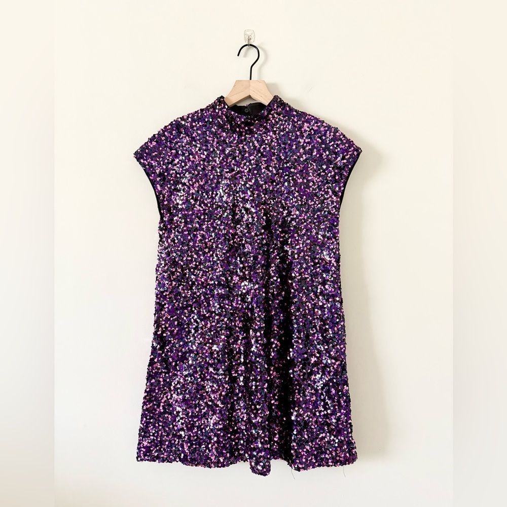Zara Purple Sequin Cap-Sleeve Mini Dress